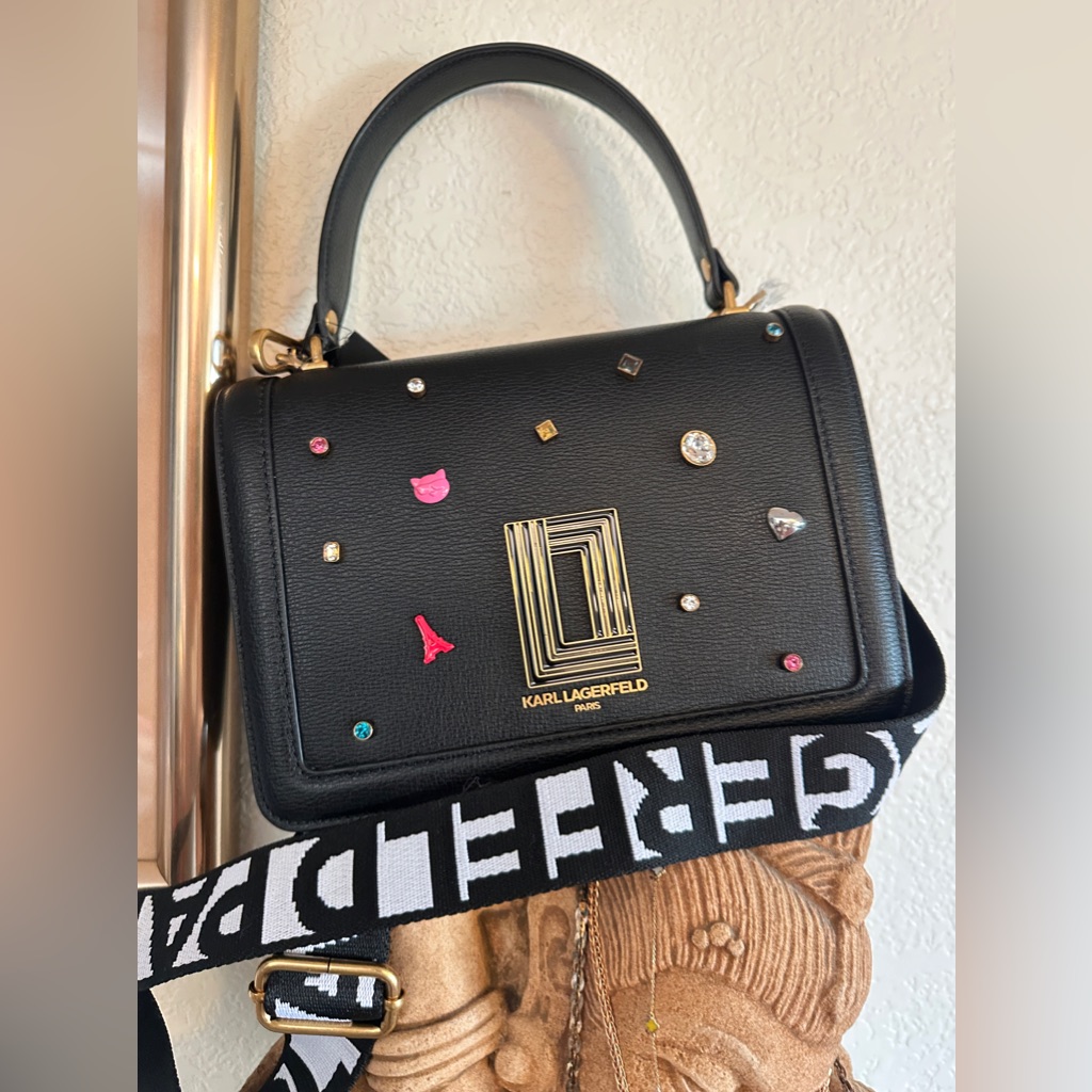 $278 Nwt Karl Lagerfeld Paris Simone Logo Front Flap Crossbody Black Bag